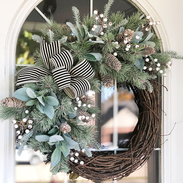 Christmas Winter Neutral Lambs Ear & Frosted Pine with Pine Cones and Berries Wreath