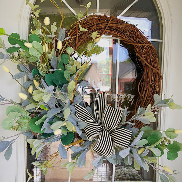 Everyday Neutral Eucalyptus & Willow with Stripped Ribbon Farmhouse Wreath