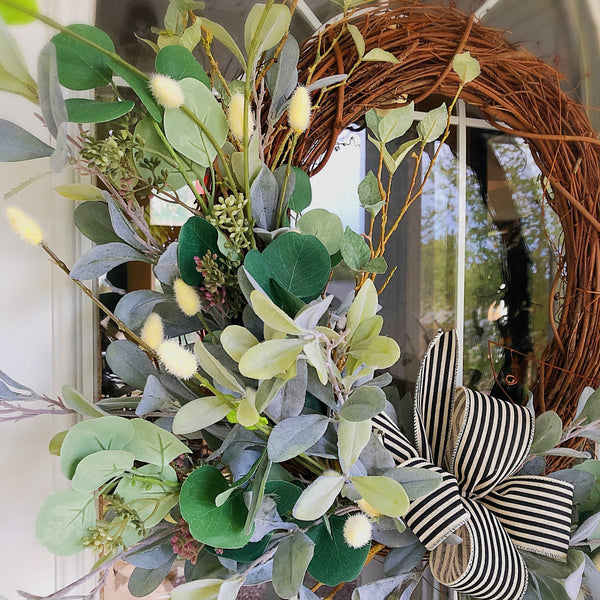 Everyday Neutral Eucalyptus & Willow with Stripped Ribbon Farmhouse Wreath