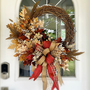 Fall Fire Oak Leaves, Feathers and Berries Wreath