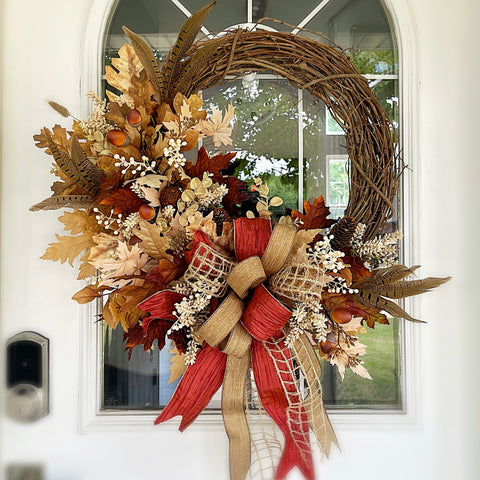 Fall Fire Oak Leaves, Feathers and Berries Wreath