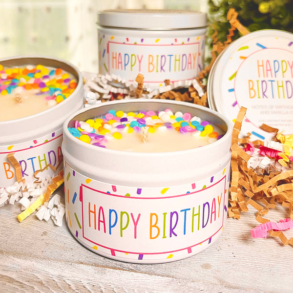 Happy Birthday 6 oz. Hand Poured Candle Tin with Lid Birthday Cake & Vanilla Icing and Sprinkles Fragrance