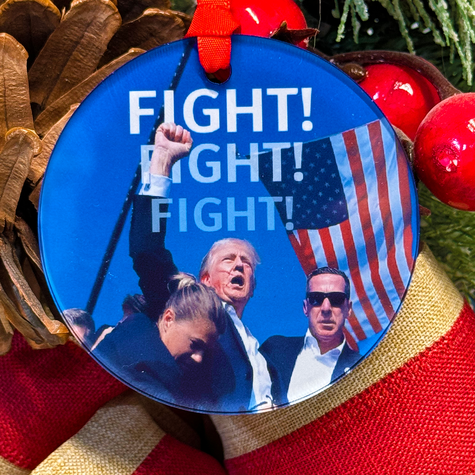 Donald Trump Fight Fight Fight Christmas Ornament with Hanger Round Acrylic