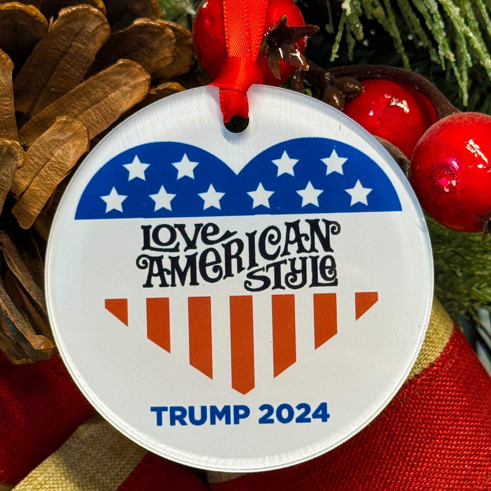 Love American Style Trump 2024 Christmas Ornament with Hanger Round Acrylic