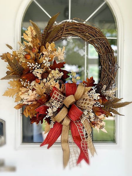 Fall Fire Oak Leaves, Feathers and Berries Wreath