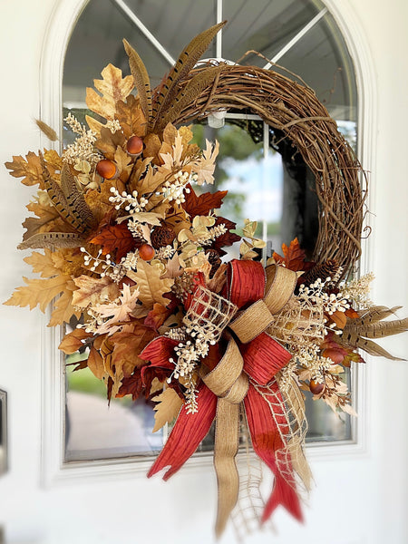 Fall Fire Oak Leaves, Feathers and Berries Wreath