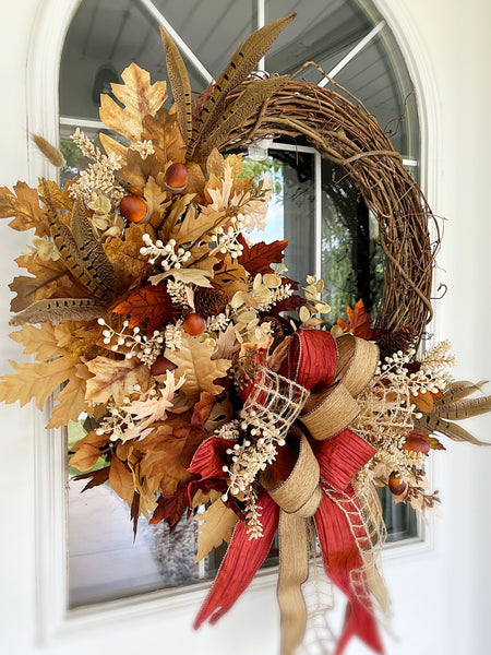 Fall Fire Oak Leaves, Feathers and Berries Wreath
