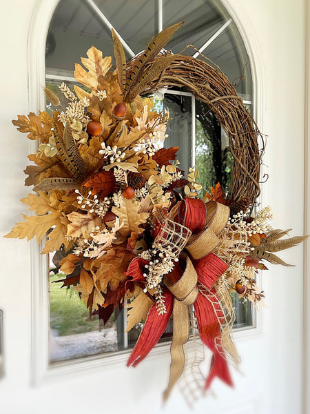 Fall Fire Oak Leaves, Feathers and Berries Wreath