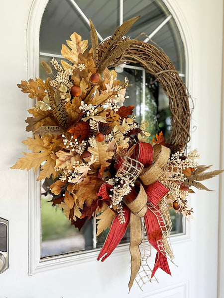 Fall Fire Oak Leaves, Feathers and Berries Wreath