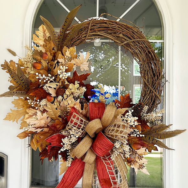 Fall Fire Oak Leaves, Feathers and Berries Wreath