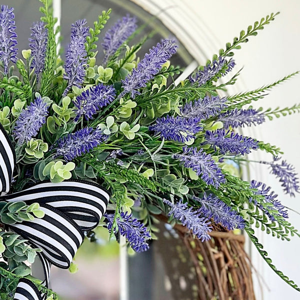 Spring Summer Wreath Lavender & Beach Basswood with Black and White Striped Ribbon for Front Door Welcome Neutral Farmhouse