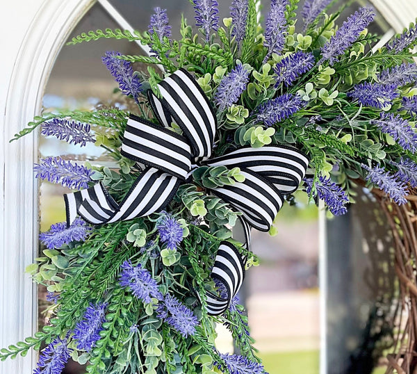 Spring Summer Wreath Lavender & Beach Basswood with Black and White Striped Ribbon for Front Door Welcome Neutral Farmhouse