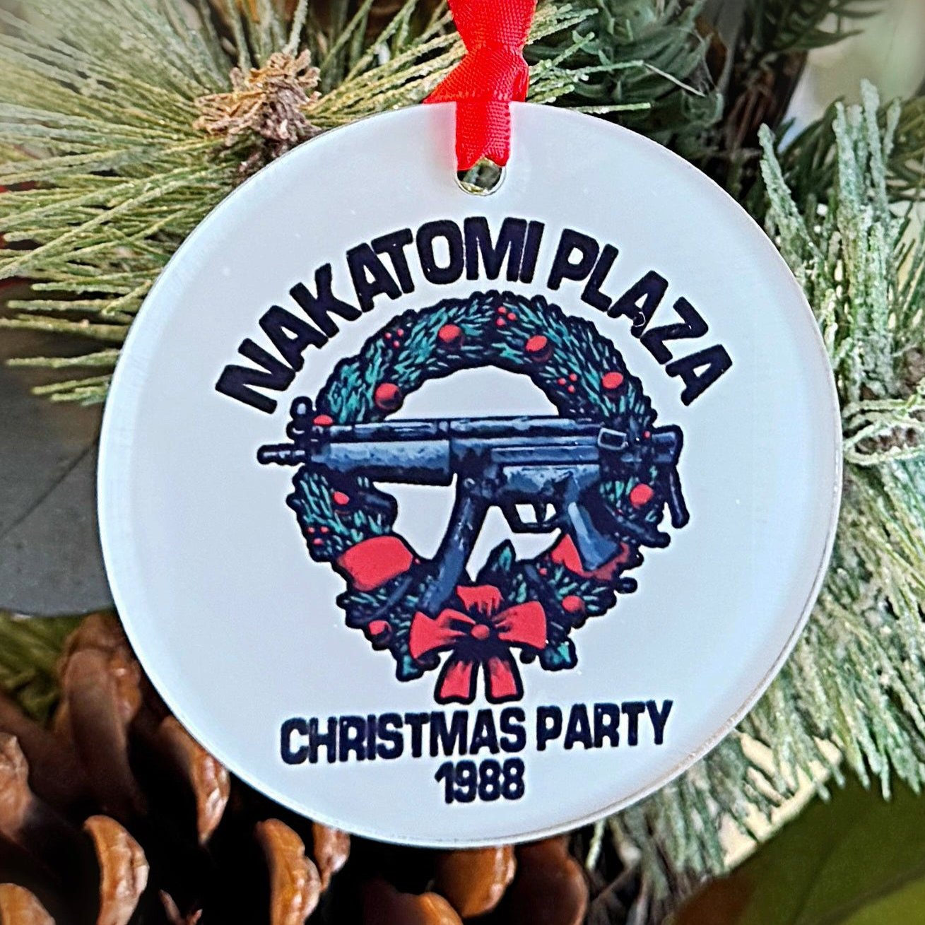 Die Hard Nakatomi Plaza Christmas Party 1988 Funny Movie Ornament, Bruce Willis, John McClane, Alan Rickman, Hans Gruberg with Hanger Round Acrylic