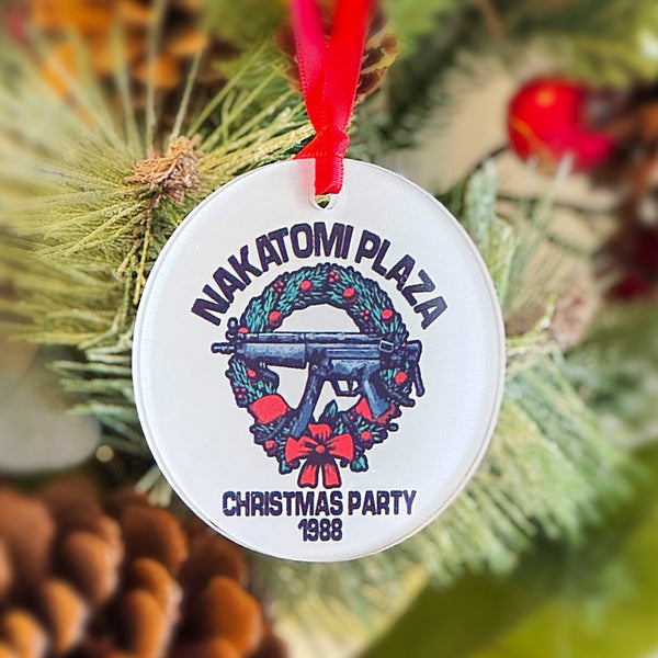 Die Hard Nakatomi Plaza Christmas Party 1988 Funny Movie Ornament, Bruce Willis, John McClane, Alan Rickman, Hans Gruberg with Hanger Round Acrylic