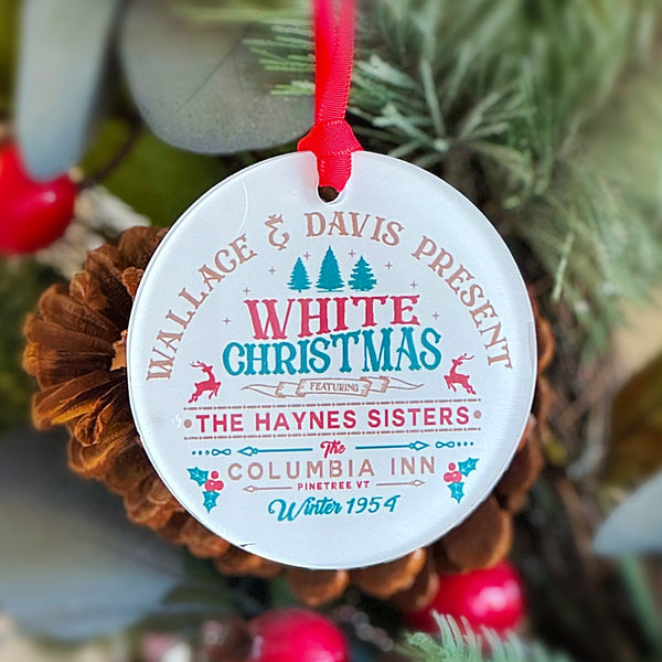 White Christmas Movie Poster Ornament, Bing Crosby, Rosemary Clooney, Danny Kaye & Vera Ellen with Hanger Round Acrylic