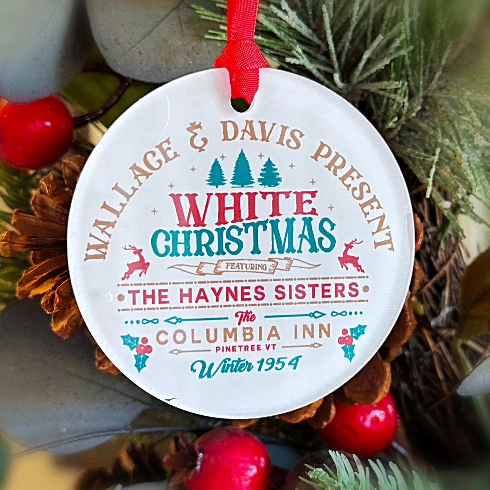 White Christmas Movie Poster Ornament, Bing Crosby, Rosemary Clooney, Danny Kaye & Vera Ellen with Hanger Round Acrylic