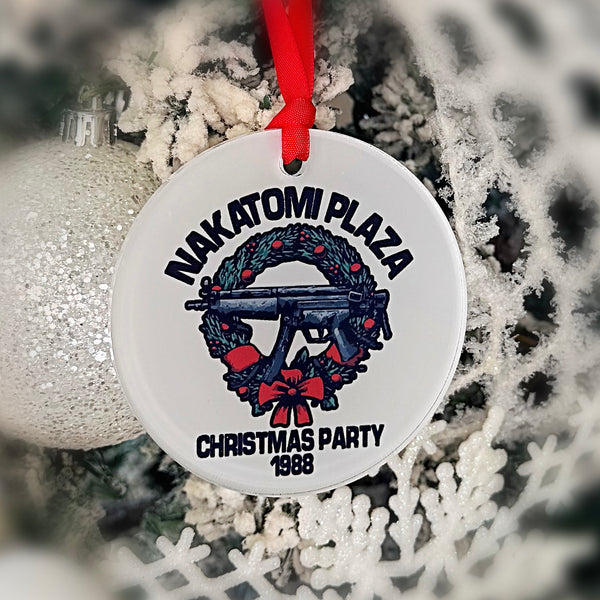 Die Hard Nakatomi Plaza Christmas Party 1988 Funny Movie Ornament, Bruce Willis, John McClane, Alan Rickman, Hans Gruberg with Hanger Round Acrylic