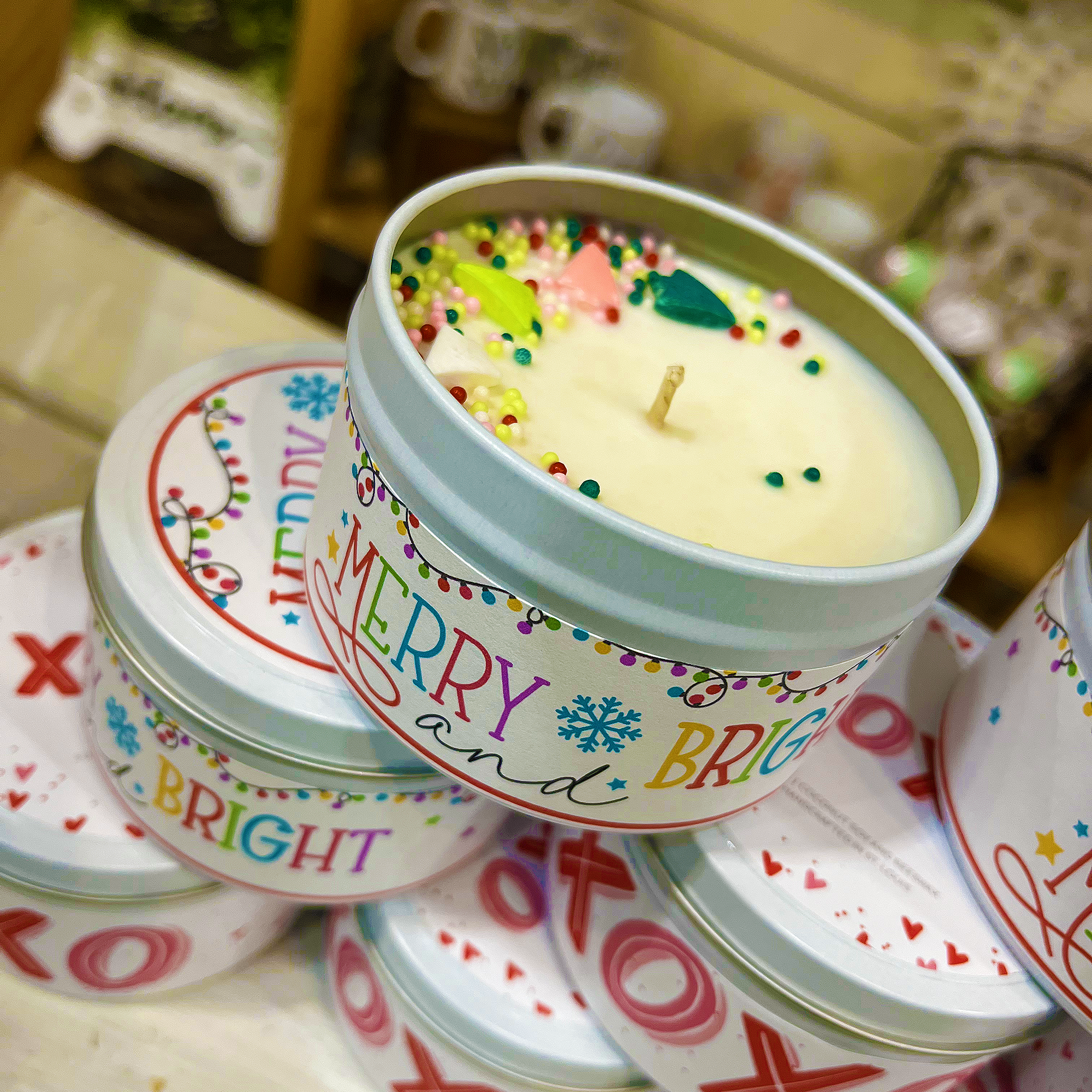 Merry and Bright 6 oz. Handmade Soy Candle Tin w/Lid Hand Poured Gingerbread and Candy Canes Fragrance with Sprinkles Gifts Party Holiday