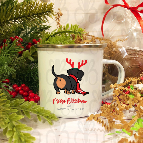 Dachshund Butt Merry Christmas Happy New Year Camp Mug 12 oz. Stainless Steel & Enamel for Holiday Season Funny Gift Cute Dog Lover, Dog Mom