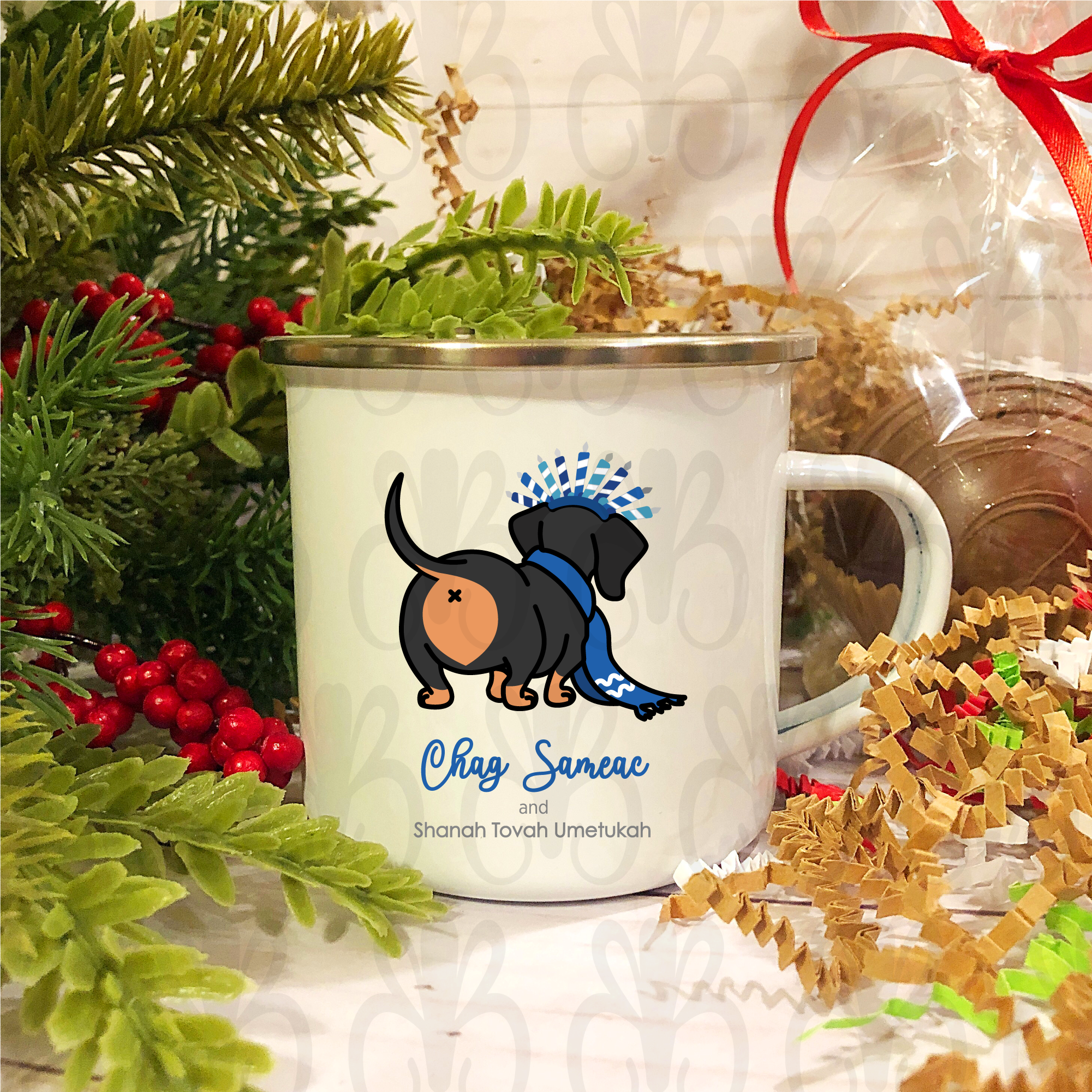 Dachshund Butt Chag Sameac Shanah Tovah Umetukah Camp Mug 12 oz. Stainless Steel & Enamel for Holiday Season Funny Gift Cute Dog Lover, Dog Mom