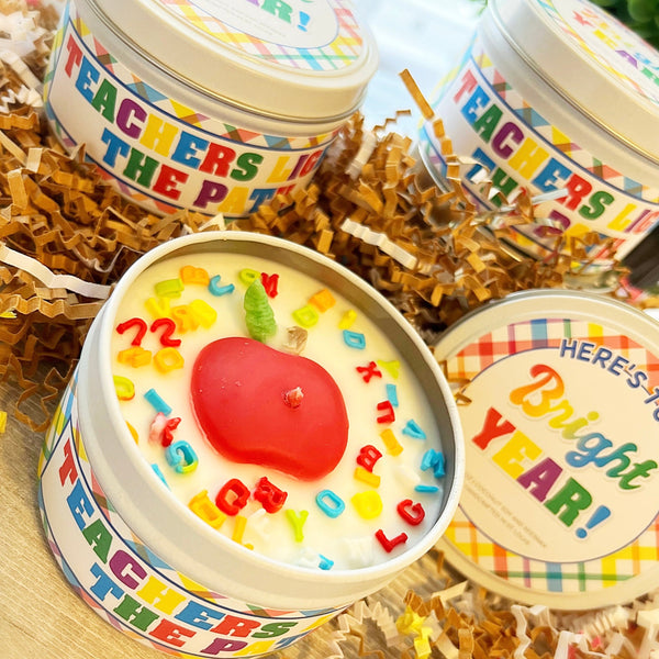 Teachers Light the Path to a Bright Year! 6 oz. Hand Poured Candle Tin & Lid with ABC 123 Sprinkles and Apple Harvest Fragrance