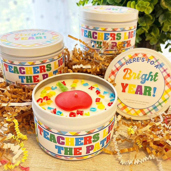 Teachers Light the Path to a Bright Year! 6 oz. Hand Poured Candle Tin & Lid with ABC 123 Sprinkles and Apple Harvest Fragrance