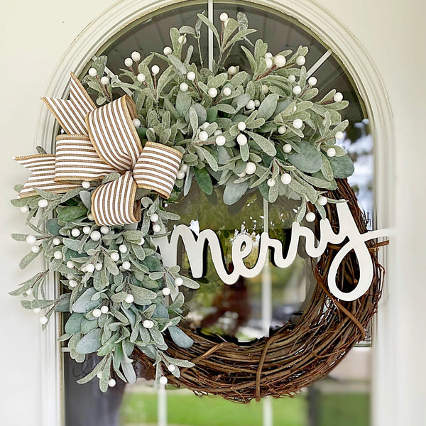 Christmas Wreath Winter Holiday Merry Sign with Lambs Ear & Cabana Striped Bow Welcome Farmhouse