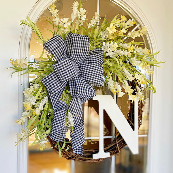 Spring Wreath Monogram with Cream Blossoms & Black and White Checked Ribbon Front Door Farmhouse Cottage Personalized Easter