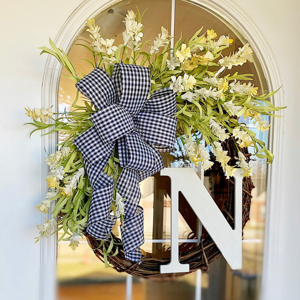 Spring Wreath Monogram with Cream Blossoms & Black and White Checked Ribbon Front Door Farmhouse Cottage Personalized Easter