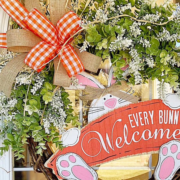 Every Bunny Welcome Easter Wooden Bunny Sign with Burlap & Orange Checked Ribbon