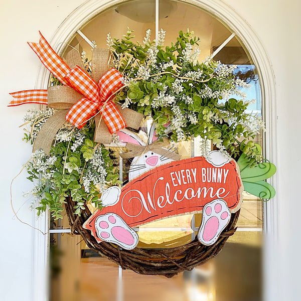 Every Bunny Welcome Easter Wooden Bunny Sign with Burlap & Orange Checked Ribbon