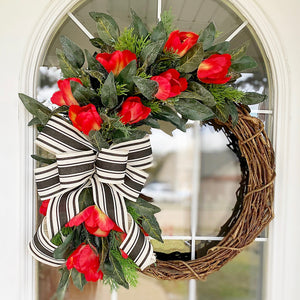 Summer Wreath Spring Wreath Everyday with Red Tulips & Black and White Striped Ribbon Welcome Farmhouse Front Door Valentines Day