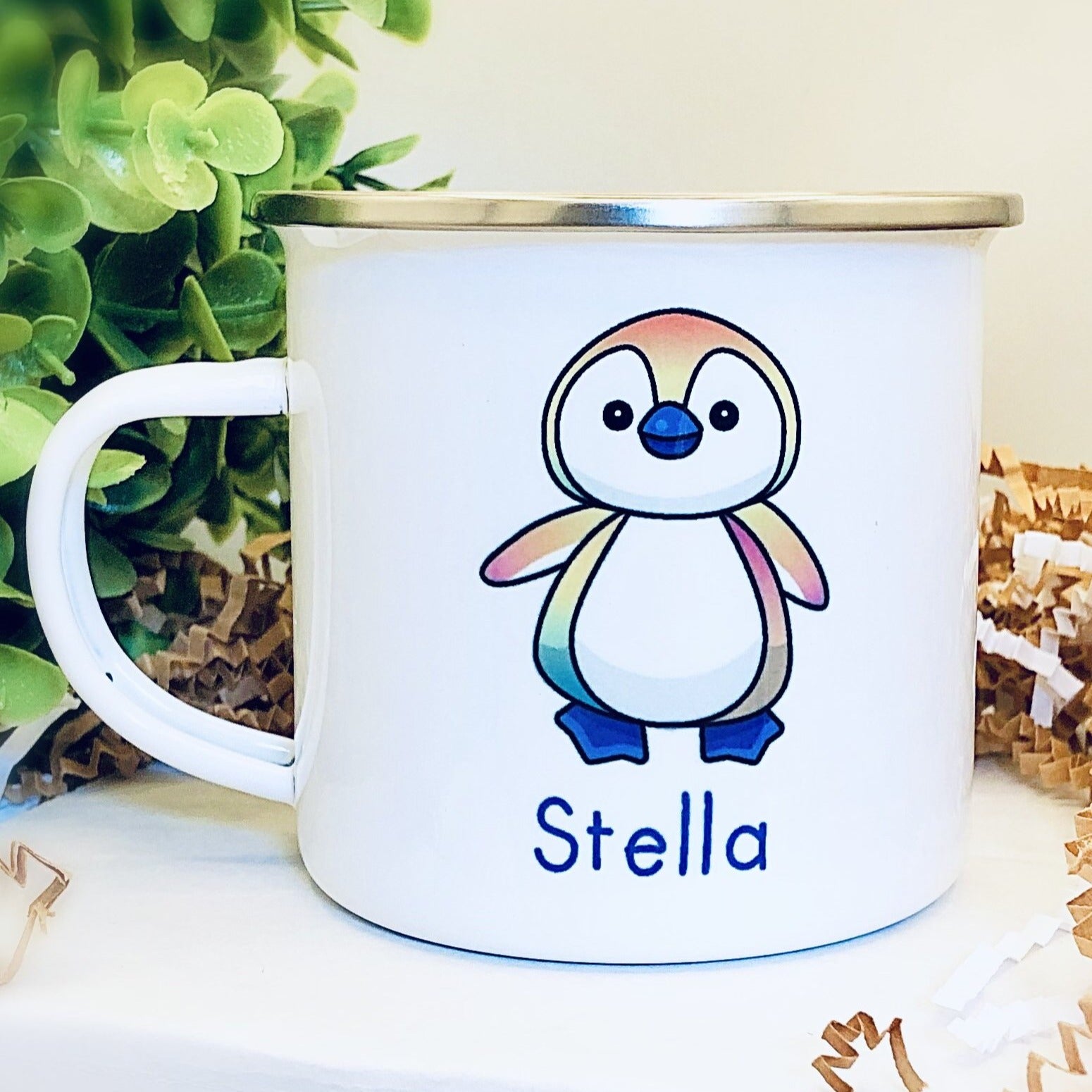 Kids Personalized 12 oz. Stainless Steel & Enamel Camp Mug with Penguin