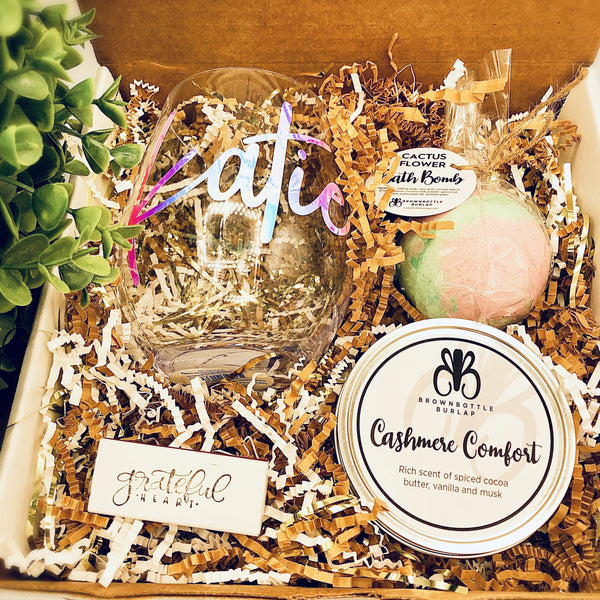 Teacher Gift Box with 12 oz Stemless Plastic Wine Glass, Candle and Bathbomb