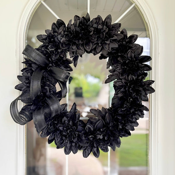 Fall Black Chrysanthemums Mums Noire Halloween Wreath with Black Nylon Ribbon