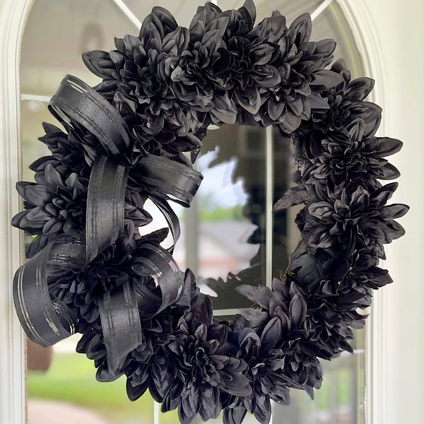Fall Black Chrysanthemums Mums Noire Halloween Wreath with Black Nylon Ribbon