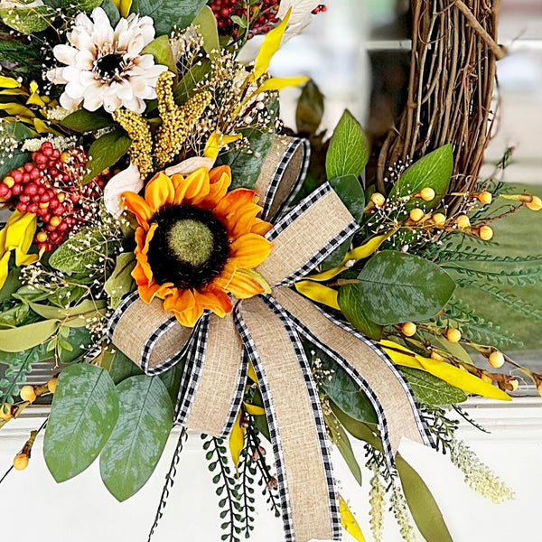 Fall Oval Wreath with Sunflowers & Fall Leaves Wildflowers Burlap Ribbon Welcome Front Door Farmhouse Cottage