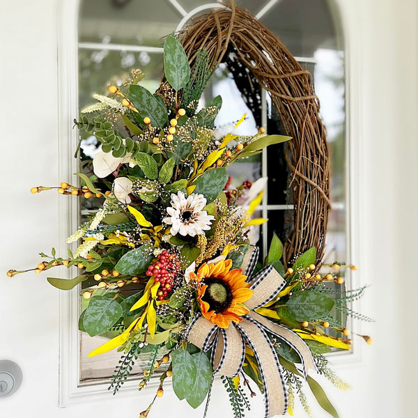Fall Oval Wreath with Sunflowers & Fall Leaves Wildflowers Burlap Ribbon Welcome Front Door Farmhouse Cottage