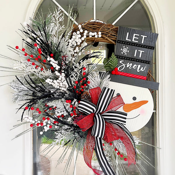 Christmas Wreath Winter Let It Snow Snowman Wooden Sign with Striped Ribbon & Berries Farmhouse Front Door Holiday Gift