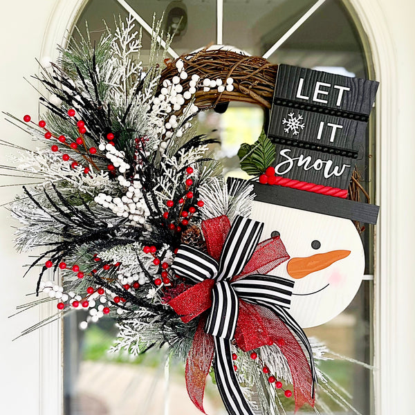 Christmas Wreath Winter Let It Snow Snowman Wooden Sign with Striped Ribbon & Berries Farmhouse Front Door Holiday Gift