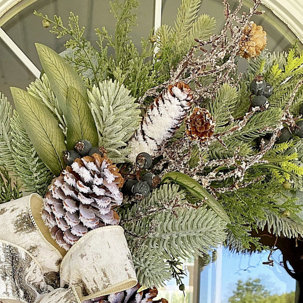 Christmas Winter Neutral Green Pine Berries & Pine Cone Birch Homestead Wreath