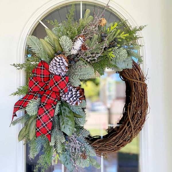 Christmas Winter Neutral Green Pine Berries & Pine Cone Birch Homestead Wreath