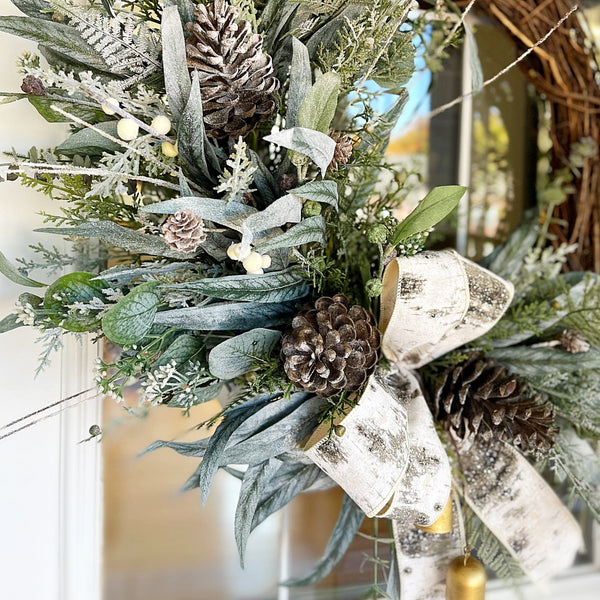Christmas Winter Wreath Neutral Green Evergreen Pine & Pine Cones with Bells and Berries Farmhouse Decor for Front Door