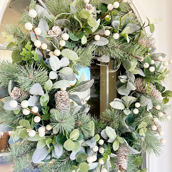 Christmas Winter Wreath with Lambs Ear and Frosted Pine with Eucalyptus & Pine Cones Farmhouse Cottage Front Door Welcome