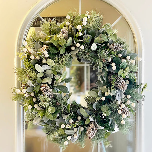 Christmas Winter Wreath with Lambs Ear and Frosted Pine with Eucalyptus & Pine Cones Farmhouse Cottage Front Door Welcome