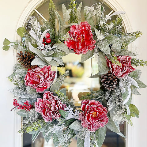 Winter Christmas Wreath for Front Door, Artificial Holiday Pine Wreaths with Pine Cone Needle Red Berry White Flower, Rustic Farmhouse Decoration for