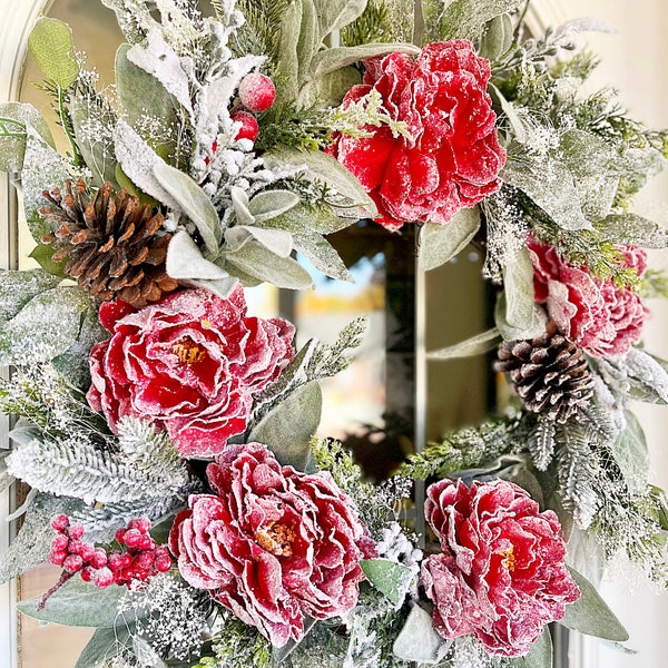 Christmas Winter Wreath Frosted Peonies & Lambs Ear with Pine Cones and Frosted Pine Needles Welcome Farmhouse for Front Door