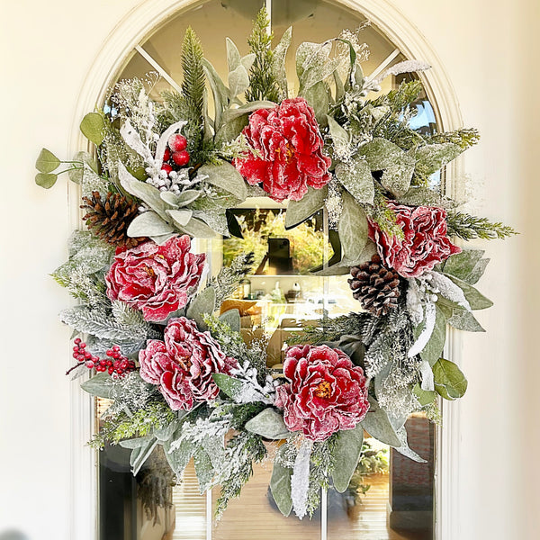 Christmas Winter Wreath Frosted Peonies & Lambs Ear with Pine Cones and Frosted Pine Needles Welcome Farmhouse for Front Door