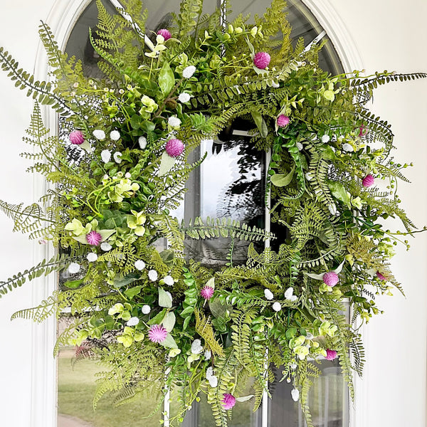 Spring Wreath Summer Full with Fern Boxwood Willow and Pink Thistle Welcome Front Door Farmhouse Cottage Easter