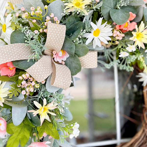 Spring Wreath Summer Everyday Mixed Wildflowers Lambs Ear with Burlap Polkadot Ribbon and Daisies Welcome Farmhouse Front Door Easter